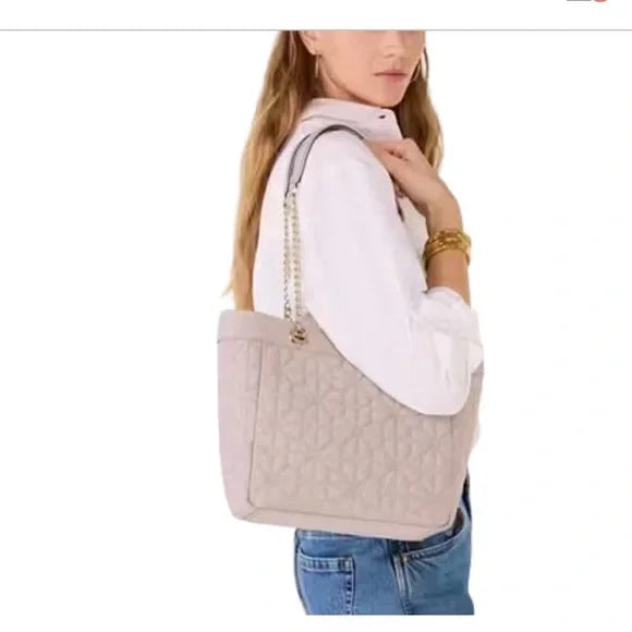 Kate Spade Flower Quilted Fabric Medium Tote Cozy Grey NEW WITH TAGS