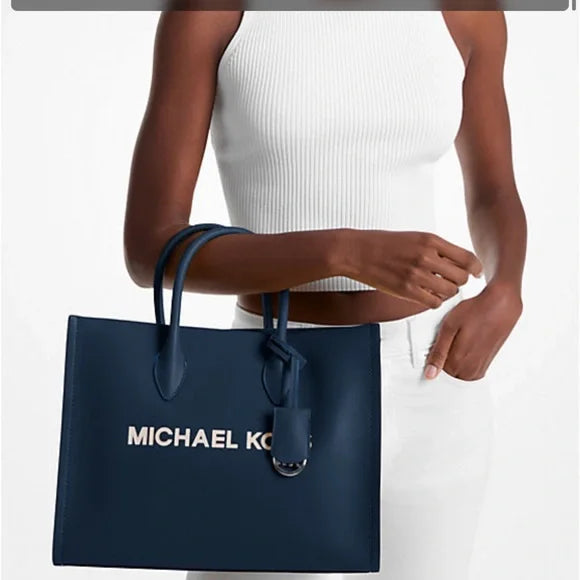 Michael Kors MIRELLA MEDIUM PEBBLED NAVY LEATHER TOTE BAG NWT