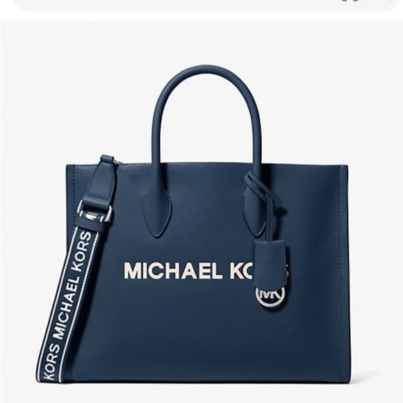 Michael Kors MIRELLA MEDIUM PEBBLED NAVY LEATHER TOTE BAG NWT