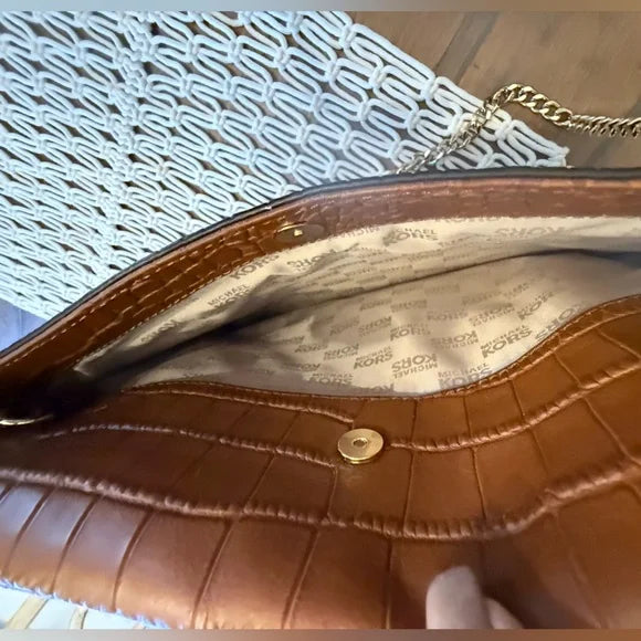 Michael Kors Walnut Brown Croc Embossed Gold Chain Shoulder/Clutch Bag Vintage.