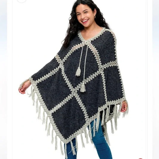 Yak & Yeti Charcoal Poncho Patchwork Bohemian Vibe Crochet. Various Sizes.