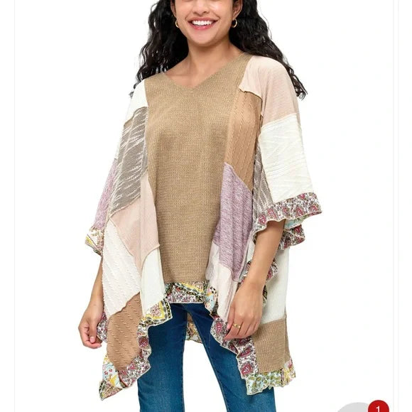 Yak & Yeti Beige Poncho Boho Vibes Colorblock Ruffled Hem. Various Sizes. NWT.