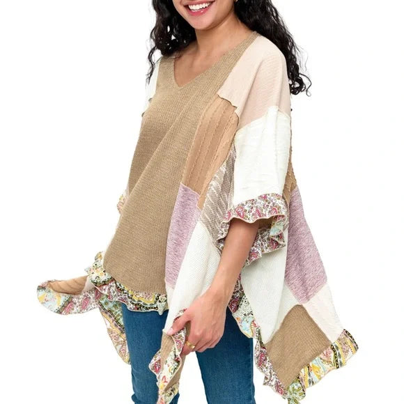 Yak & Yeti Beige Poncho Boho Vibes Colorblock Ruffled Hem. Various Sizes. NWT.