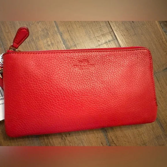 Coach Large Red Pebbled Leather Double Zip Around Wallet