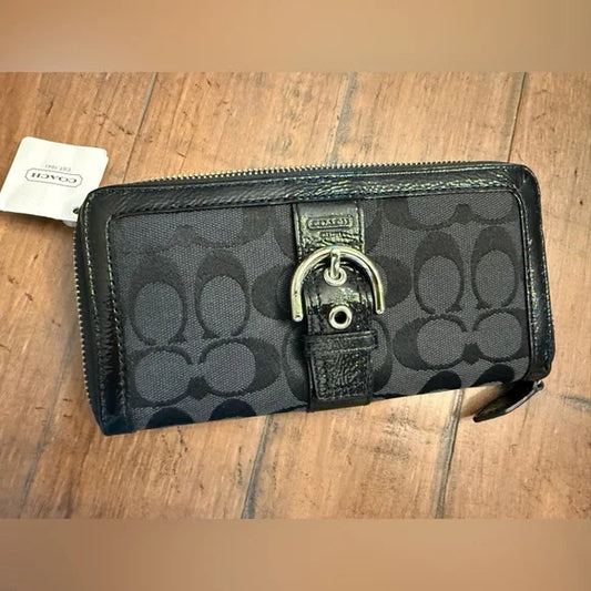 Coach Black/Grey Signature Zip Around Wallet