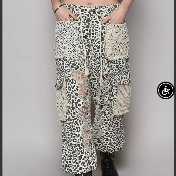 Pol Cream Green Jogger Pants With Distress & Crochet Patches. Various Sizes