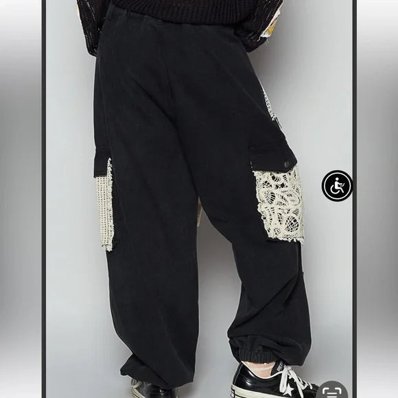 Pol Black Jogger Pants With Distress & Crochet Patches. Various Sizes. NWT.