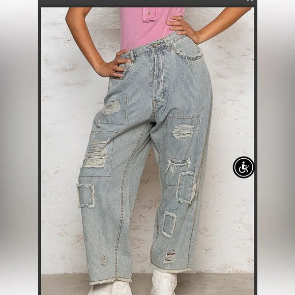 Pol Stripe Denim High Rise, Cropped Silhouette, Loose Fit Pants. Various Sizes.