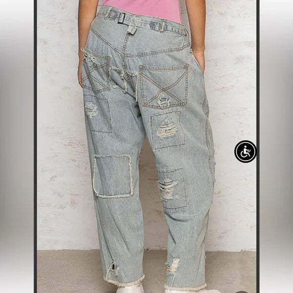 Pol Stripe Denim High Rise, Cropped Silhouette, Loose Fit Pants. Various Sizes.
