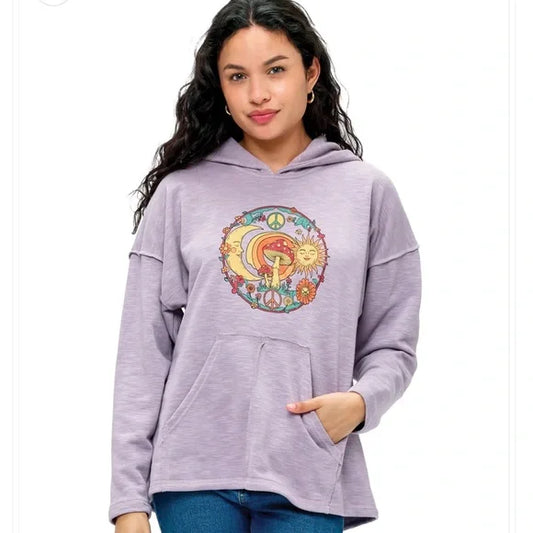 Yak & Yeti Hoodie Boho Whimsical Mushroom Sun Moon Print. NWT Various Sizes.