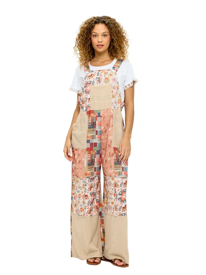Yak & Yeti Boho Whimsical Print Patchwork Overalls | Blush Multi  | Sizes S/M-L/XL