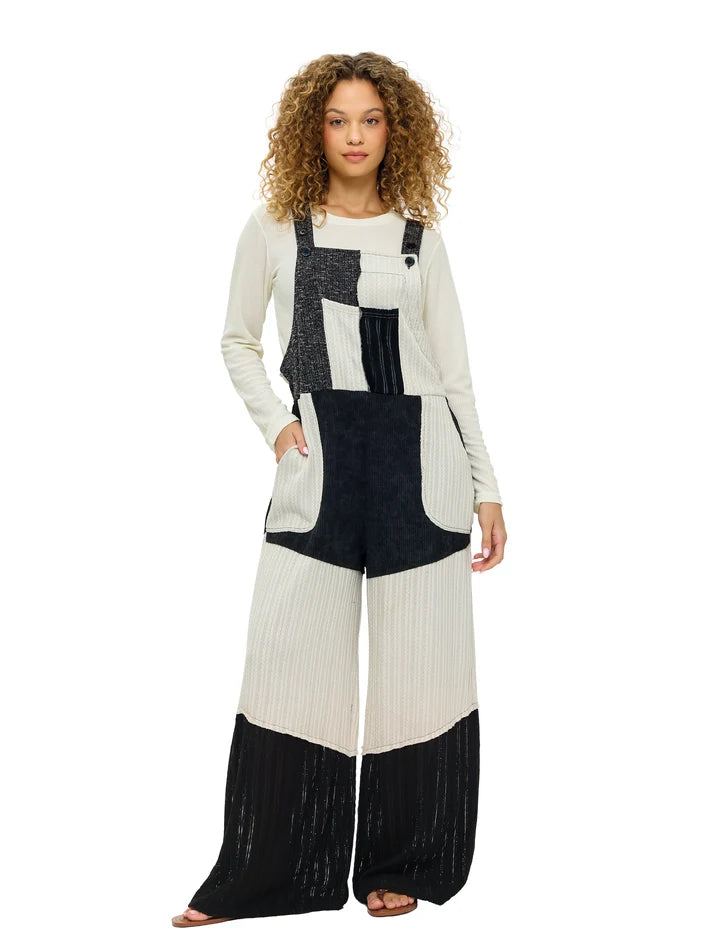 Yak & Yeti Boho Colorblock Patchwork Ribbed Overalls | Black/White  | Sizes S/M-L/XL
