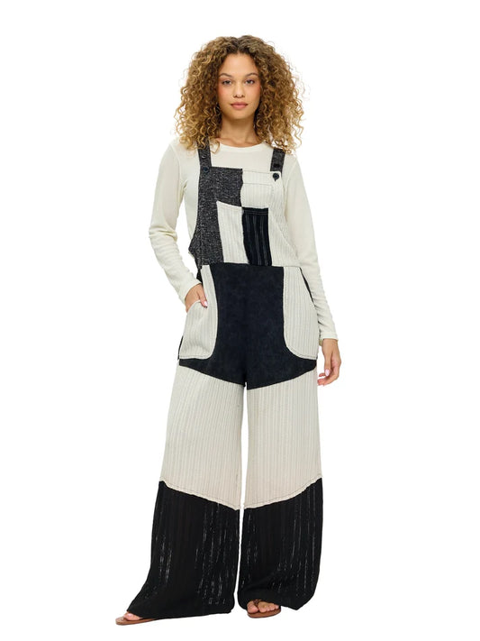 Yak & Yeti Boho Colorblock Patchwork Ribbed Overalls | Black/White  | Sizes S/M-L/XL