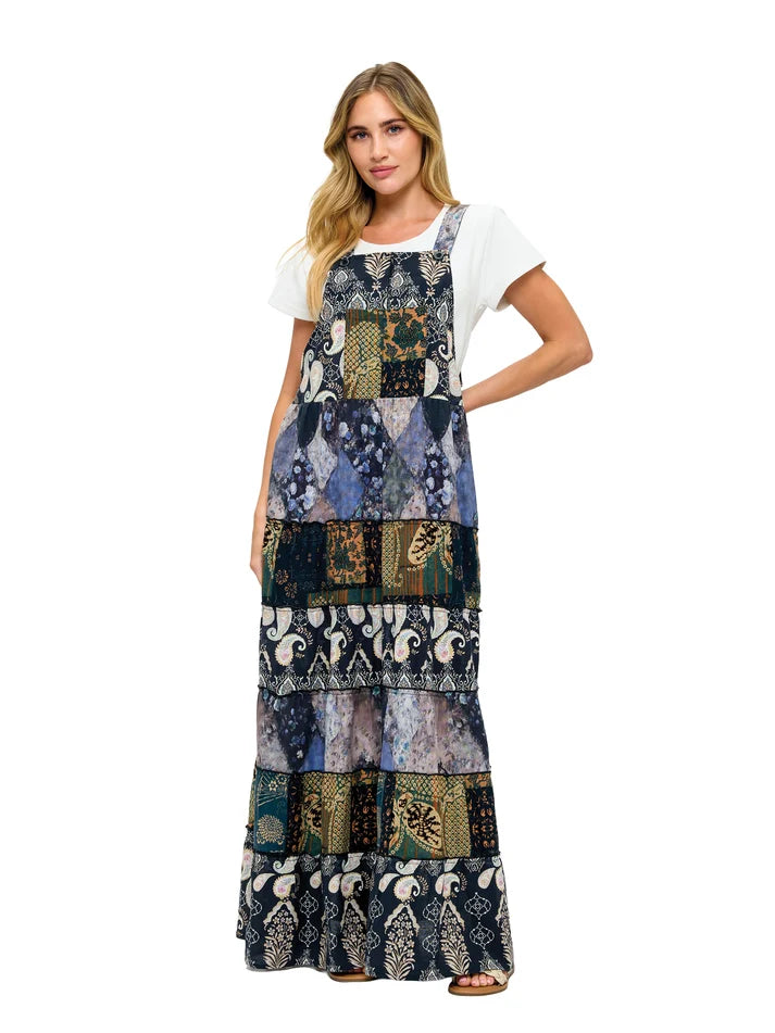 Yak & Yeti Tiered Paisley Floral Overall Maxi Dress Dark Gray Front View