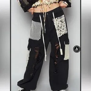 Pol Black Jogger Pants With Distress & Crochet Patches. Various Sizes. NWT.