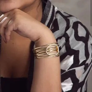 SAACHI Gold Leather Intertwined Crystal Disk Bracelet.