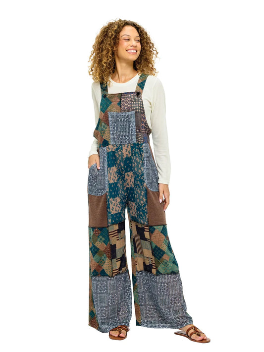 26817 | Yak & Yeti Boho Multi Patchwork Checkered Lace Overalls | Brown | Sizes S/M-L/XL