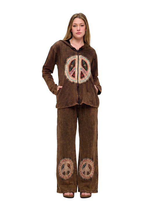 26955 | Yak & Yeti Peace Sign Patch Embroidered Pants | Brown | Sizes S/M-L/XL