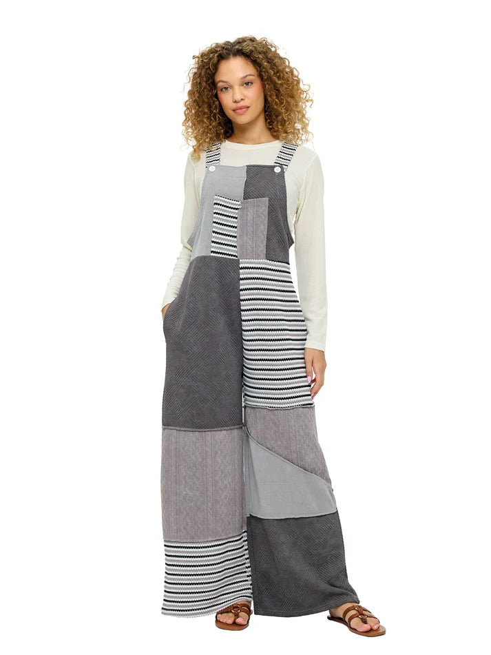Yak & Yeti Boho Striped Colorblock Patchwork Overalls | Gray  | Sizes S/M-L/XL