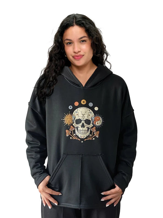 Yak & Yeti Boho Celestial Mushroom Skull Print Hoodie | Black | Sizes S/M-M/L-L/XL
