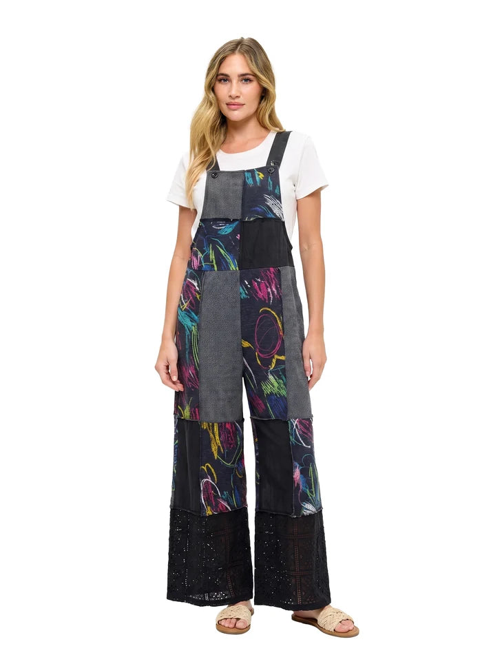 Yak & Yeti Boho Patchwork Colorblock Abstract Overalls | Charcoal  | Sizes S/M-L/XL